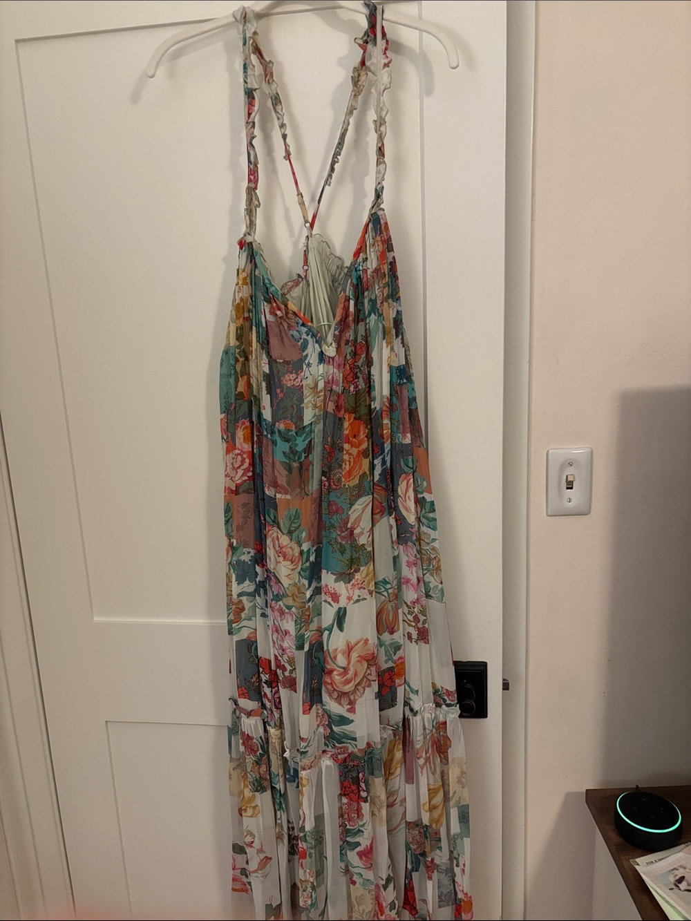 Anthropologie Floral Tiered Maxi Dress in Teal, Coral, Cream